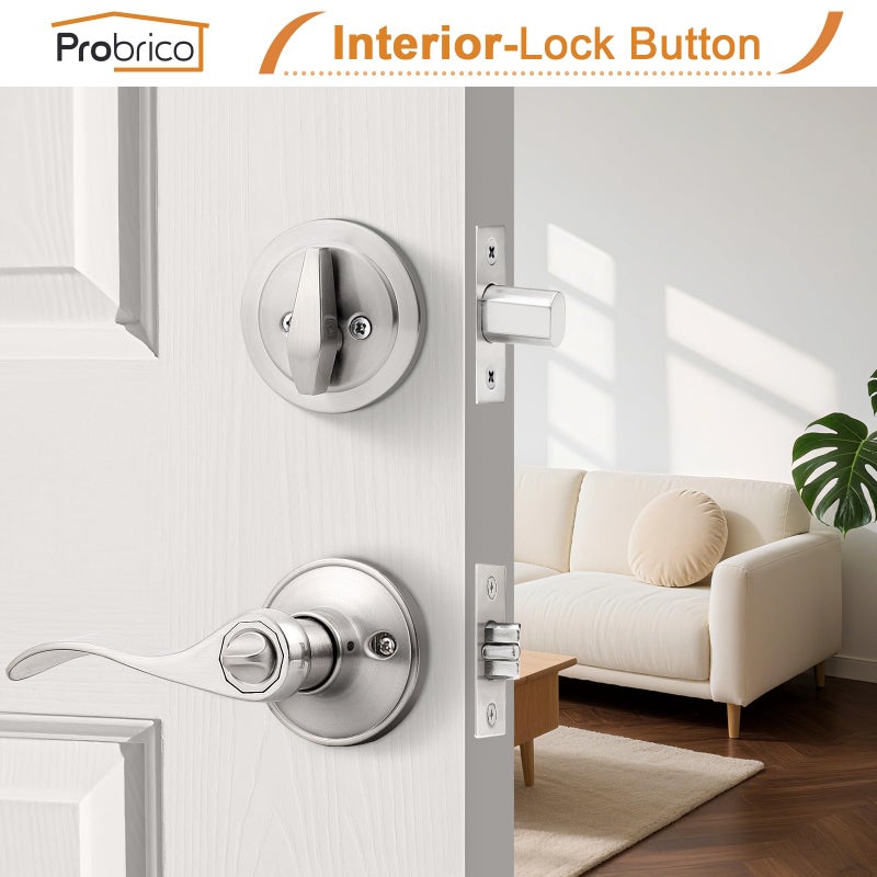 Probrico 5 Sets-Keyed Alike Entry Door Levers with Single Cylinder Deadbolts, Keyed Handleset for Front Door Exterior and Interior Hardware, Entry Lockset Lever Set Satin Nickel, Contractor Pack - Image 2